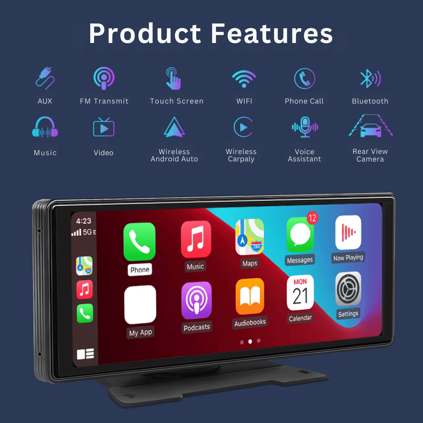 Portable CarPlay Screen with Rotatable 4K Dash Camera - Autotrendix