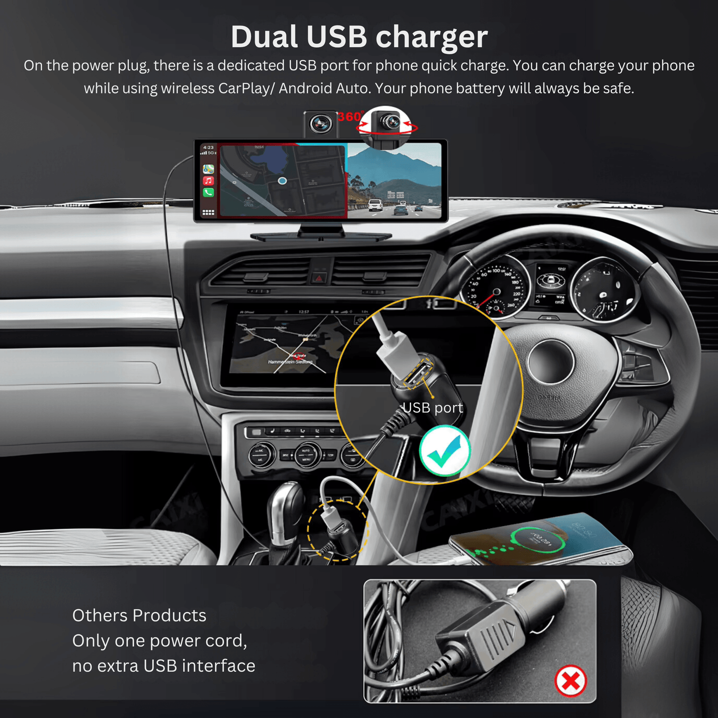 Portable CarPlay Screen with Rotatable 4K Dash Camera - Autotrendix