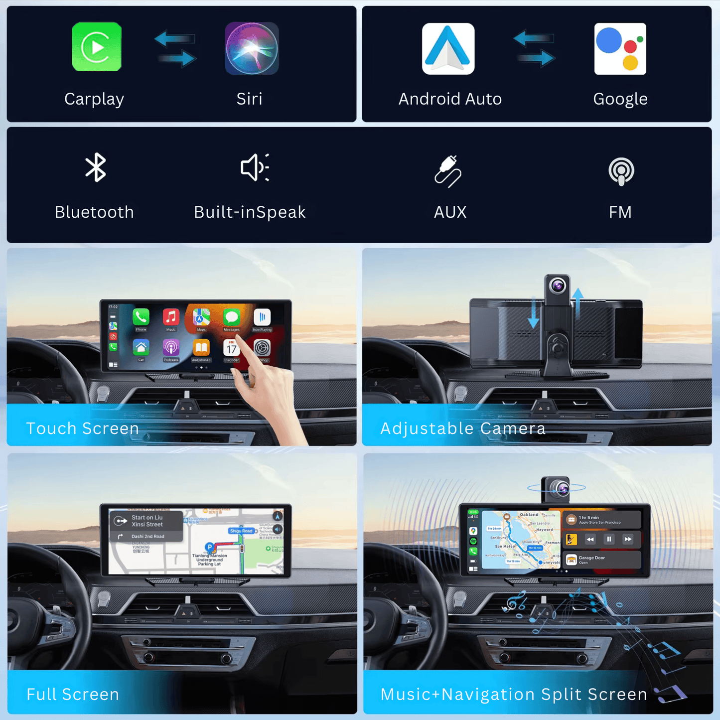 Portable CarPlay Screen with Rotatable 4K Dash Camera - Autotrendix