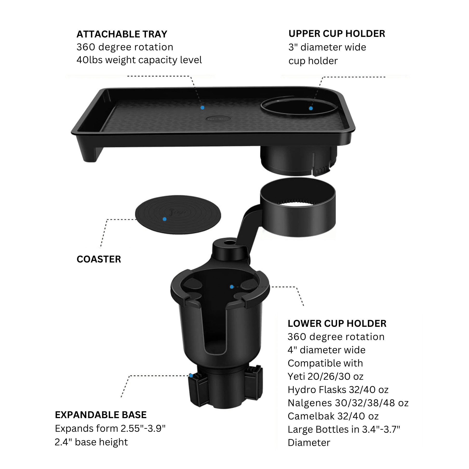 Car Cup Holder Expander with Detachable Food Tray - Autotrendix