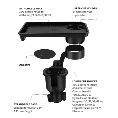 Car Cup Holder Expander with Detachable Food Tray - Autotrendix
